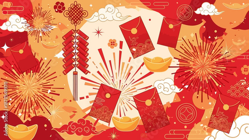 Vibrant Lunar New Year illustration showcasing traditional red envelopes, dynamic firecrackers, sparkling fireworks, and auspicious gold ingots amidst festive patterns