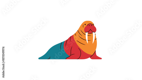 Colorful cartoon illustration of a walrus resting on a white surface, isolated.