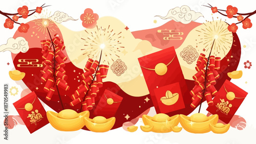 Festive Chinese New Year illustration of red envelopes, firecrackers, gold ingots, and plum blossoms. A vibrant scene symbolizing prosperity and good fortune