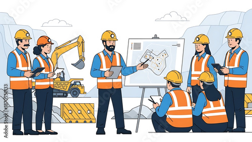 Construction site meeting with engineers discussing blueprints and a team of workers, heavy machinery in background