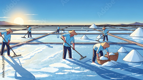Farmers harvest salt under a bright sun on a salt flat in a rural landscape