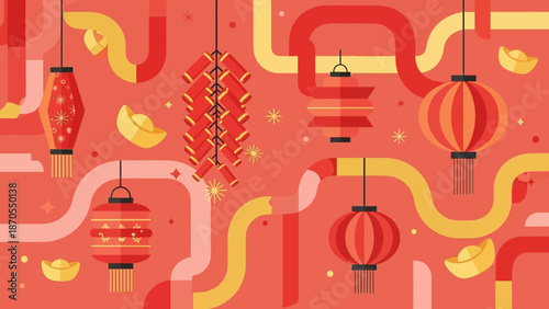 Festive Chinese New Year Decorations with Lanterns, Firecrackers, and Gold Ingots on a Red Background