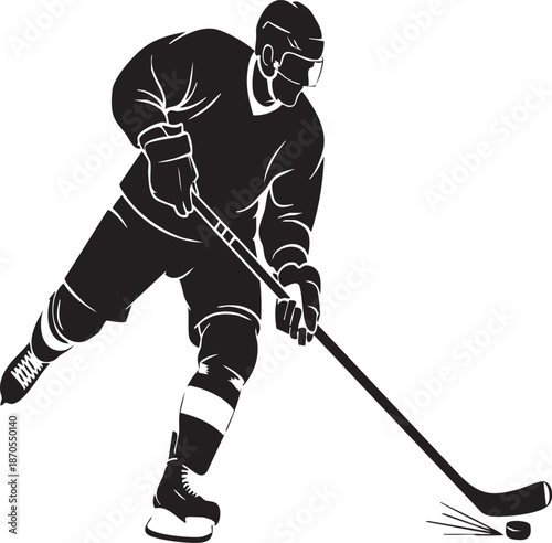 Hockey player in motion hitting puck with stick on ice rink in black and white silhouette with action and sport and athlete and equipment and glove