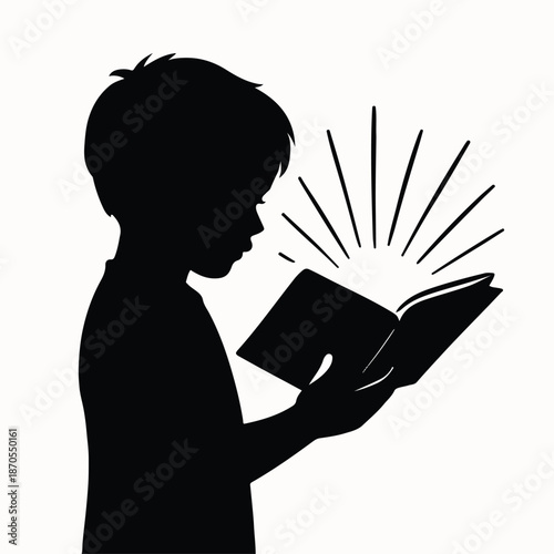 Silhouette of a Child Reading a Glowing Book – Concept of Wonder, Inspiration, and the Magic of Education