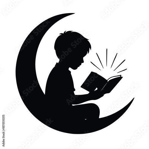 Silhouette of Child Sitting on Crescent Moon Reading a Glowing Book – Concept of Bedtime Stories, Imagination, and Literary Magic