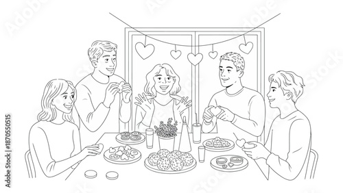 Dinner Party Delight: A heartwarming gathering of friends and family enjoying a meal together, filled with laughter, delicious food, and the sweet atmosphere of companionship.