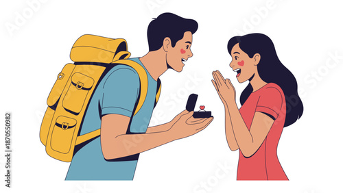 Romantic Propose: A tender moment captured as a traveler makes a heartfelt proposal to his beloved, sealed with a ring and set against the anticipation of an exciting journey.