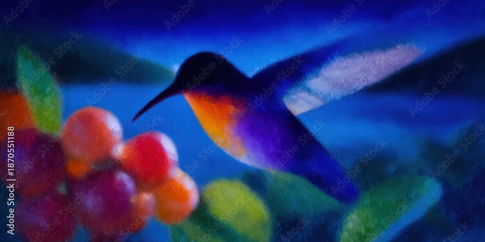 Fototapeta premium Vibrant Hummingbird Nectar-Seeking at Berry Bush Premium Nature-Inspired Art for Relaxing Marketing and Social Media