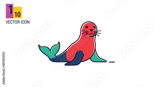 Colorful seal illustration with a vibrant red body and green flippers, vector icon.