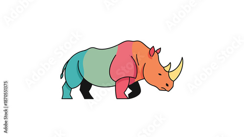 Colorful rhinoceros illustration showcasing vibrant hues and artistic design elements on white background.