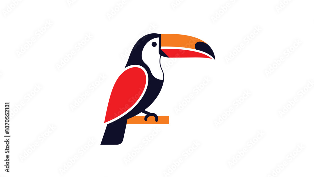 Fototapeta premium Colorful Toucan Bird Perched on a Branch, Isolated on White Background, Simple Vector Illustration.