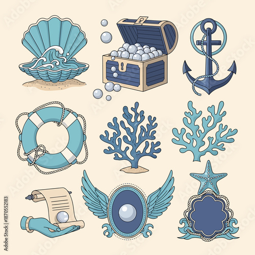 Collection of nautical and marine themed elements including seashell, treasure chest, anchor, and coral.