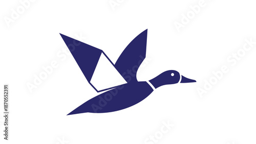 Elegant blue origami duck soaring through the air, minimalist design.