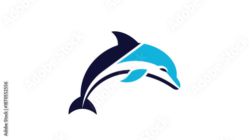 Elegant dolphin logo design in blue and white colors, jumping gracefully.