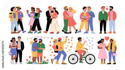 Love's Mosaic: A vibrant collection showcases diverse couples in various stages of affection, emphasizing love, connection and embracing diversity.