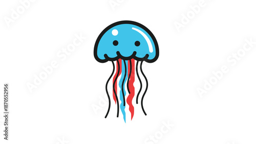 Cute cartoon jellyfish with a smiling face and colorful tentacles floating in the ocean.