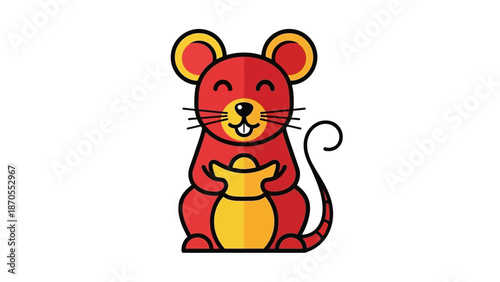 Charming red cartoon mouse illustration holding a golden ingot, symbolizing prosperity, wealth, and good fortune for festive celebrations, Asian new year, or lucky themes