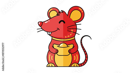 Vibrant red cartoon rat character cheerfully holding a shining golden ingot, symbolizing good fortune, wealth, and prosperity for Chinese New Year festivities