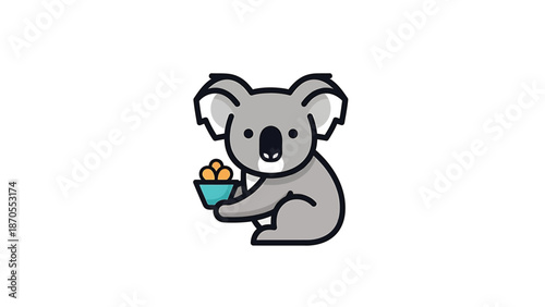Cute cartoon koala bear holding a bowl of food, adorable animal illustration.