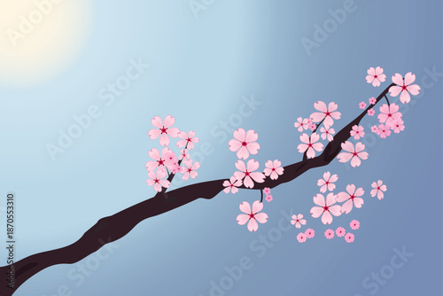 Branch of sakura flower on springs sky vector for printing. Peach blossom illustration. Cherry blossom with nature background. Japanese floral collection.