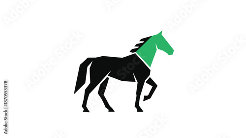 Geometric horse illustration with a green head and black body, walking gracefully on a white background.