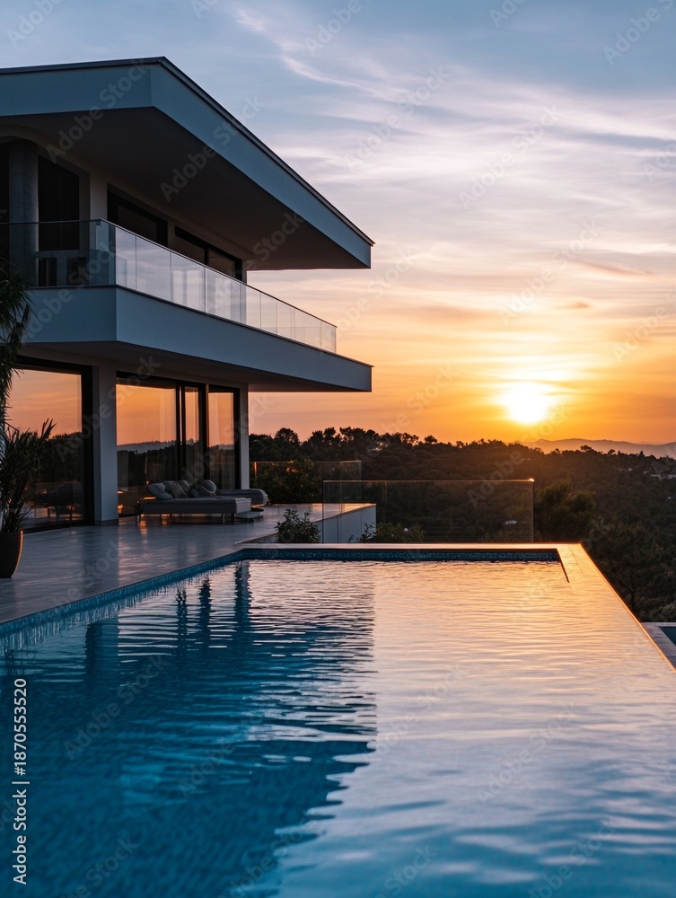 Fototapeta premium A contemporary house with a swimming pool overlooking a beautiful sunset over the horizon.