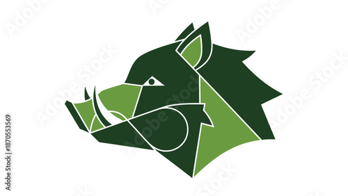 Geometric illustration of a wild boar head in shades of green, modern design.