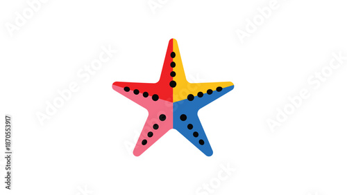 Colorful starfish toy with vibrant hues and distinct segments on white background.