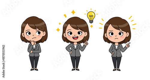 Cartoon businesswoman showing thought process: contemplation, eureka moment (idea), and disapproval or instruction