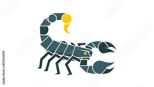Geometric scorpion illustration with segmented body and curved tail, isolated design.