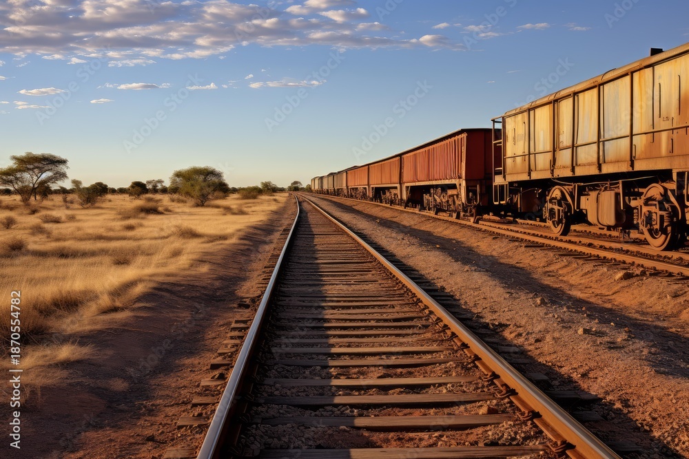 Fototapeta premium Long freight train standing on railway tracks stretching through an arid savanna at sunset