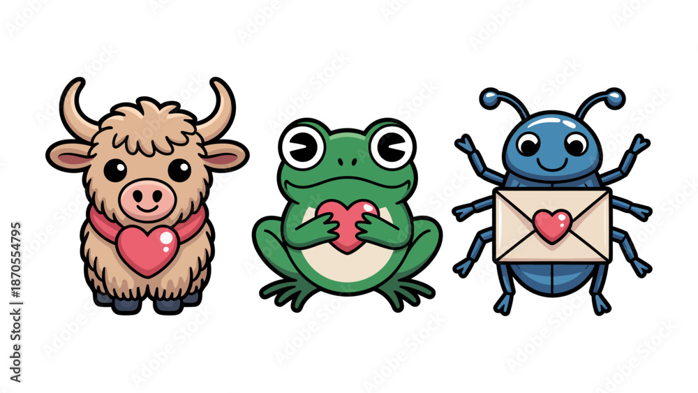 Fototapeta premium Cute Valentine's Creatures: A delightful illustration of a yak, a frog and a bug, each with their own unique style. Celebrating love, hearts, and cheerful characters.
