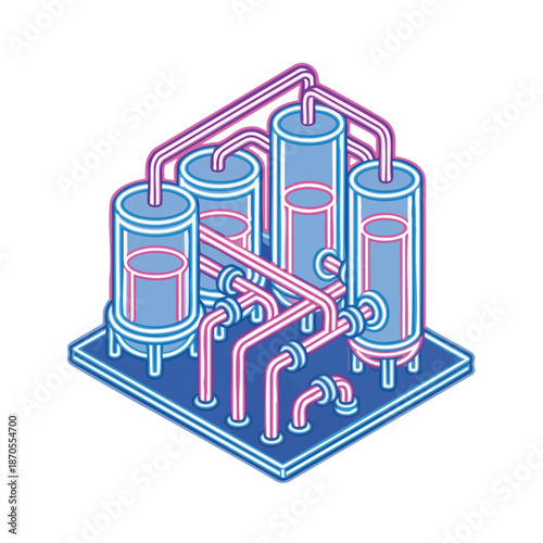 Modern industrial plant with tanks and pipes, isometric view, clean lines, neon colors, factory illustration