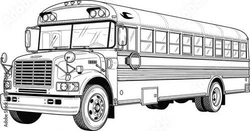 American school bus vector in black and white with detailed windows, grille, tires, and stop sign for educational themes.
