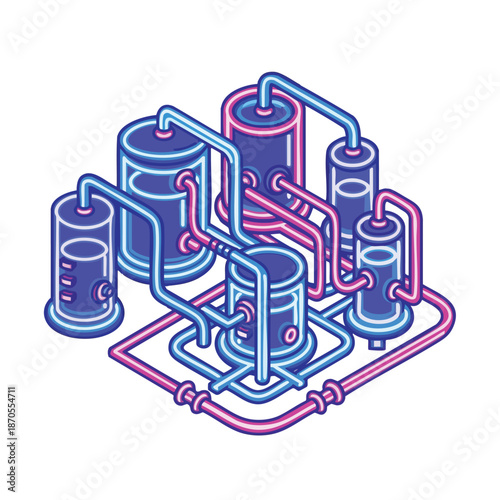 Abstract illustration of a neon industrial chemical processing plant with pipes and tanks, isometric view