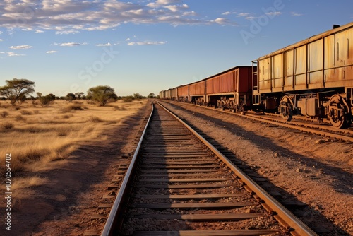 Long freight train standing on railway tracks stretching through an arid savanna at sunset