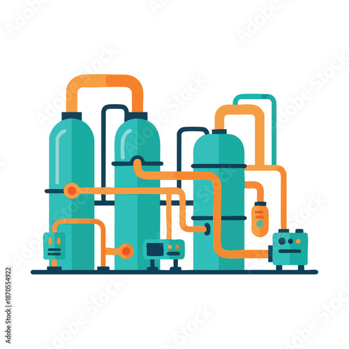Flat design illustration of an industrial chemical plant or factory with tanks and pipelines for manufacturing and production processes.