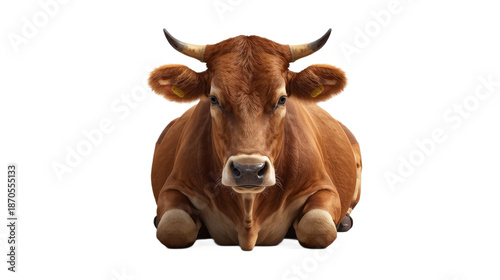 Realistic Brown Cow Lying Down Isolated on transparent Background – Farm Animal Livestock Portrait