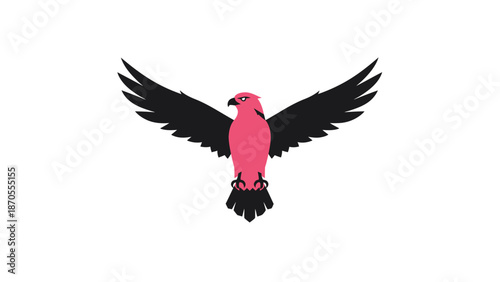 Pink bird with black wings spreading wide against white background.
