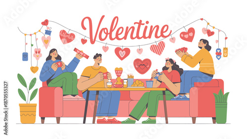 Valentine Gathering : A group of individuals is gathered around a table adorned with decorative elements, engaged in various Valentine's Day activities and celebrations.
