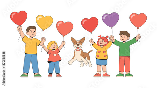 Kids and Pup with Balloons: A heartwarming scene unfolds as a group of children, each holding a vibrant heart-shaped balloon, play happily with a playful puppy, radiating joy and affection.