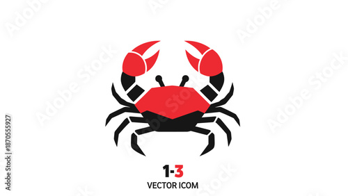 Stylized crab illustration with red claws and black body on white background, vector icon.