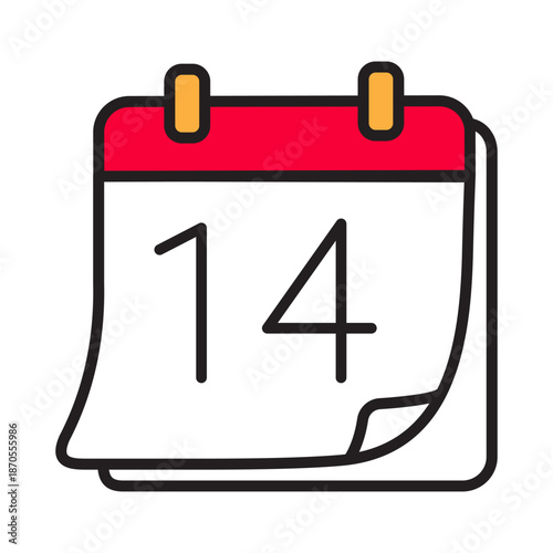 Editable stroke linear calendar icon with number 14 and colorful fill for Valentine's Day. Romantic date symbol for February 14 love projects, planners, cards, apps.