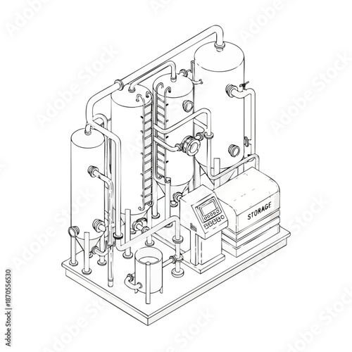 Industrial water treatment plant schematic diagram, isometric view, clean lines, engineering, technology, purification system