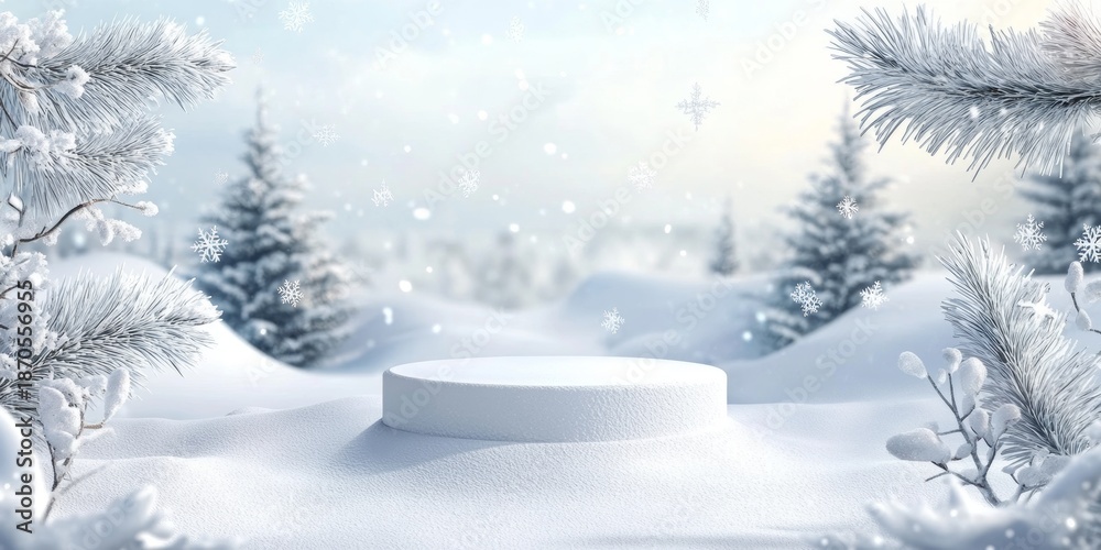 Fototapeta premium Snowy landscape with pine trees and a snow covered hill.