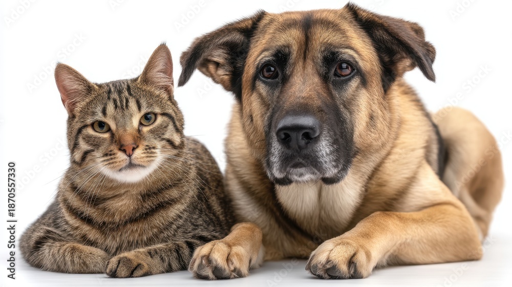 Obraz premium A dog and a cat lie side by side on a light background in a studio. The animals appear calm and relaxed enjoying each other's company in this pet friendship moment.