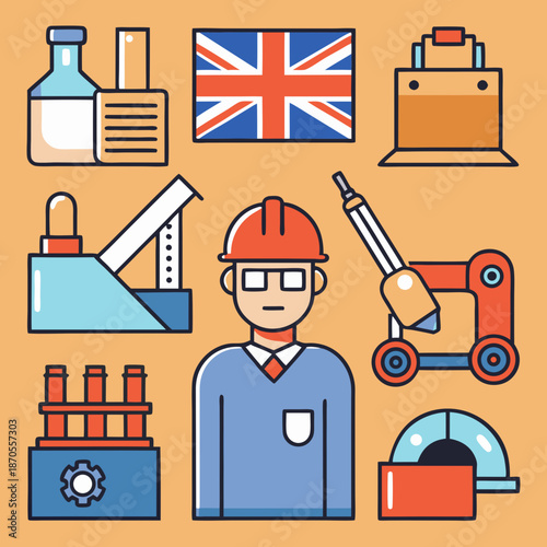 Illustration of an engineer surrounded by various industrial machinery, factory equipment, chemical bottles, and the Union Jack flag, representing manufacturing and production.