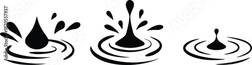 Three stylized black and white images of water drops creating ripples