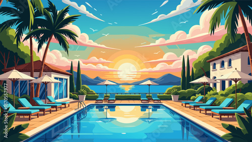 Stunning vector illustration of a luxurious tropical resort with a swimming pool overlooking the ocean at sunset, perfect for travel and lifestyle themes