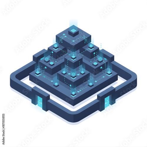 Isometric blockchain platform with stacked digital data blocks.